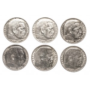 Niemcy, III Rzesza (1933-1945), zestaw monet srebrnych (6 szt.) 5 marek Hindenburg 1935-1936.