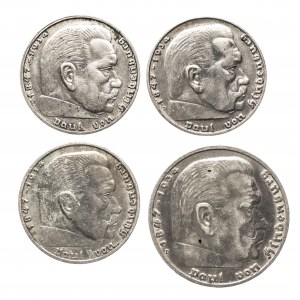 Niemcy, III Rzesza (1933-1945), zestaw monet srebrnych (4 szt.) Hindenburg 1937-1939.