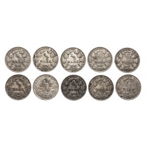 Niemcy, Cesarstwo Niemieckie (1871-1918), zestaw 10 monet srebrnych 1/2 marki 1907-1916.
