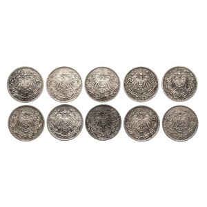 Niemcy, Cesarstwo Niemieckie (1871-1918), zestaw 10 monet srebrnych 1/2 marki 1907-1916.
