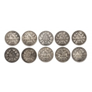 Niemcy, Cesarstwo Niemieckie (1871-1918), zestaw 10 monet srebrnych 1/2 marki 1905-1917.