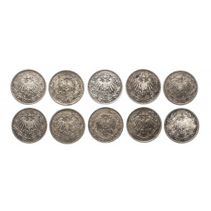Niemcy, Cesarstwo Niemieckie (1871-1918), zestaw 10 monet srebrnych 1/2 marki 1905-1917.