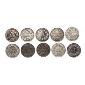 Niemcy, Cesarstwo Niemieckie (1871-1918), zestaw 10 monet srebrnych 1/2 marki 1905-1916.