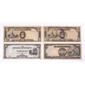 Filipiny, The Japanese Government, zestaw: 2 x 5 pesos 1943, 10 pesos 1943 i 100 pesos 1944