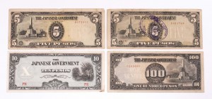 Filipíny, Japonská vláda, sada: 2 x 5 pesos 1943, 10 pesos 1943 a 100 pesos 1944
