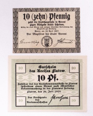 Set of 2 vouchers: Zlotow (Kreis Flatow), 10 fenigs 26.07.1918; Kościerzyna (Berent), 10 fenigs 16.04.1917