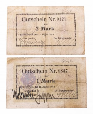 Witkowo - okresní starosta, sada poukázek: 1 známka a 2 známky 15.08.1914