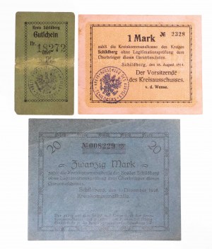 Ostrzeszów - Okresní komunální fond, sada poukázek: 1 marka 1914, 5 feniků 1917, 20 marek 1918