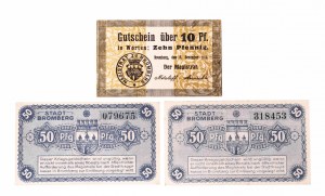 Bydgoszcz, set of 3 vouchers, 10 fenigs 7.12.1916 and 2 x 50 fenigs 05.1919 (Kriegsgeld)