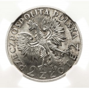 Polska, II Rzeczpospolita (1918-1939), 2 złote 1932 Kobieta, NGC MS 63 - DESTRUKT, SKRĘTKA