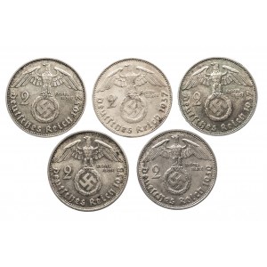 Niemcy, Trzecia Rzesza (1933-1945), zestaw: 2 marki 1937-1939 - 5 sztuk