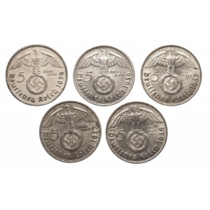 Niemcy, Trzecia Rzesza (1933-1945), zestaw: 5 marek 1936-1938 - 5 sztuk