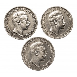 Niemcy, Cesarstwo Niemieckie 1871-1918, Prusy, Wilhelm II 1888 - 1918, zestaw 3 monet, 2 marki A, Berlin.