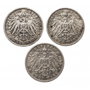 Niemcy, Cesarstwo Niemieckie 1871-1918, Prusy, Wilhelm II 1888 - 1918, zestaw 3 monet, 2 marki A, Berlin.