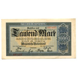 Germany - Weimar Republic Bavaria 1000 Mark 1922