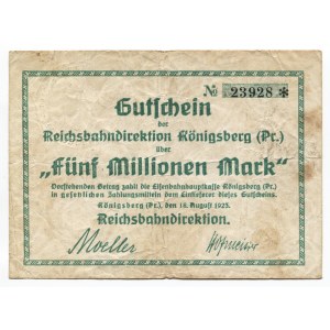Germany - Weimar Republic Regional Railroad Office Königsberg 5 Millionen Mark 1923 2nd Issue