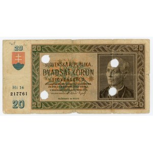 Slovakia 20 Korun 1939 Cancelled Note