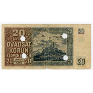 Slovakia 20 Korun 1939 Cancelled Note