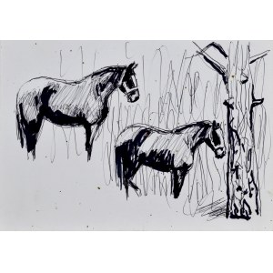 Ludwik MACIĄG (1920-2007), Szkice stojących koni przy drzewie