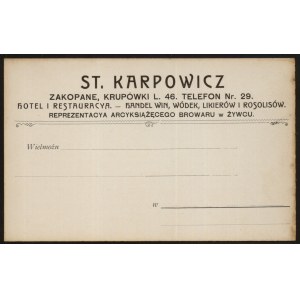 Zakopane. Pocztówka reklamowa restauracji i hotelu St. Karpowicza Krupówki L 46 oraz karta zamówień w tutejszej restauracji.