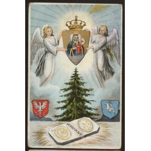 Wesołych Świąt: Matka Boska i herby z orłem i Pogonią.
