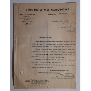 4 dokumenty Stronnictwa Narodowego Wodzisław Śląski - Warszawa.