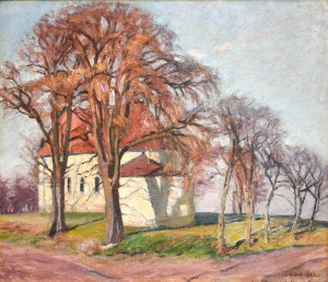 Karol BISKE (1863-1928), Pejzaż jesienny z wiejskim kościółkiem, 1925