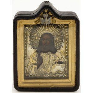 IKONA W KIOCIE, CHRYSTUS PANTOKRATOR, Rosja, XIX w.