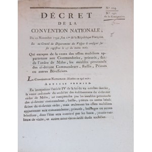 1792. DECRET de la Convention Nationale du 12 novembre 1792, l’an premiere de la Republique Françoise. Loi au Conseil du Départemenr des Vosges et consigné sur ses registrem le 27 du même mois.