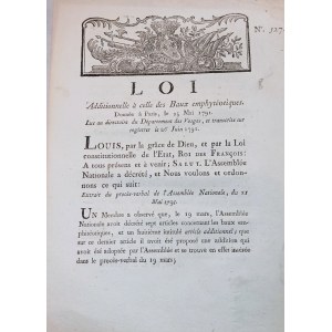 1791. LOI additionnelle à celle de Baux emphytéotiques. Donnée à Paris, le 25 mai 1791. Loi au Conseil du Département des Vosges et transcrite sur registres le 26 juin 1791. Louis, par la grace de Dieu et par la Loi constitutionelle de l’Etat, (...).