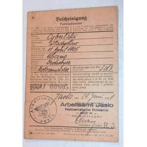 1941. POŚWIADCZENIE KARTY PRACY ARBEITSAMT W JAŚLE.