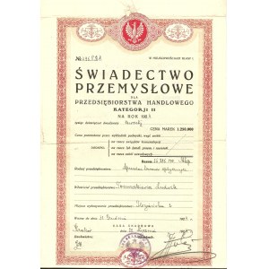 1924. ŚWIADECTWO PRZEMYSŁOWE dla przedsiębiorstwa handlowego kategorii II. Ul. Floriańska 2.