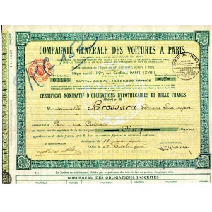 1908. ZBIÓR 6 akcji motoryzacyjnych COMPAGNIE GENERALE DES VOITURES A PARIS.