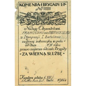 Legitymacja do odznaki Za wierną służbę I Brygady Legionów Polskich