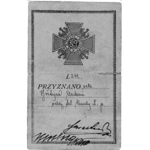 Dokument przyznania odznaki pamiątkowej Komenda Legionów Polskich