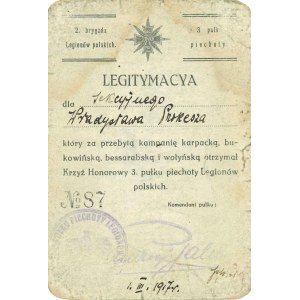 Legitymacja do Krzyża Honorowego 3. Pułku piechoty Legionów Polskich