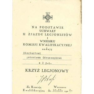 Dyplom nadania Krzyża Legionowego