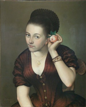 Józef BUDZYŃSKI, XIX w., Portret kobiety z różą, 1850