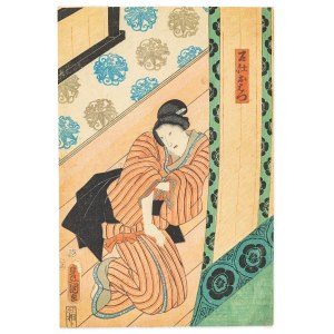Utagawa Kunisada (1786-1865), Aktor kabuki w roli służącej otwierającej drzwi sypialni, 1857