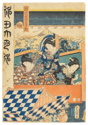 Utagawa Kunisada (1786-1865), Przeprawa dam przez wzburzone morze, 1857