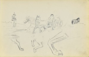 Stanisław ŻURAWSKI (1889-1976), Szkic koni z powozem na tle pejzażu oraz nóg końskich