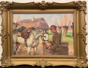Jerzy Kossak(1886-1955), Ułan z koniem przy studni