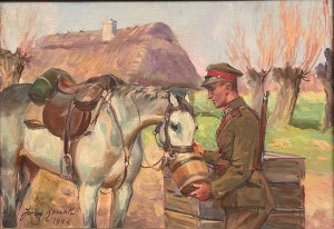 Jerzy Kossak(1886-1955), Ułan z koniem przy studni