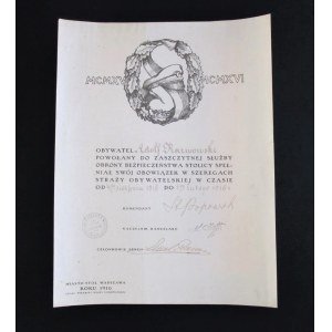 Dyplom - Straż Obywatelska Warszawy 1916