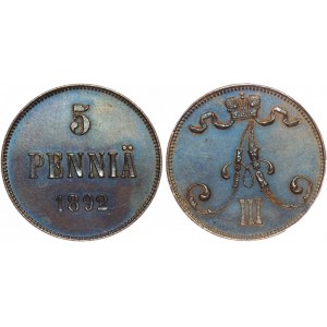 Russia - Finland 5 Pennia 1892 HHP AU 55 BN