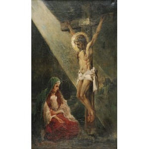 Malarz nieokreślony polski, XX w., Maria Magdalena u stóp Chrystusa na krzyżu, 1929