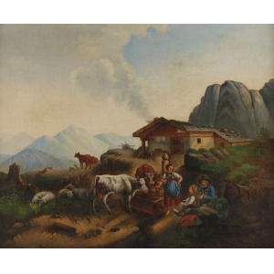 Malarz nieokreślony, XIX w., Scena wiejska w górskim pejzażu