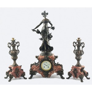 L & F MOREAU i Hippolyte François [1857-1930], Zegar kominkowy, secesyjny, z postacią kobiecą („IRIS”) oraz parą świeczników