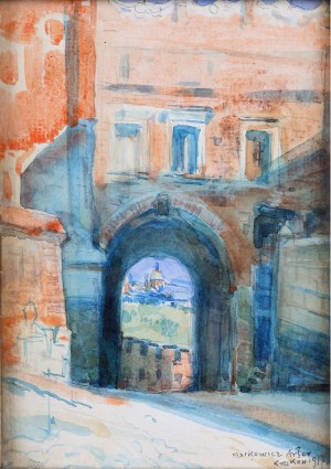 Artur Markowicz (1872-1934), Widok z Wawelu poprzez Bramę Wazów na kościół św. Piotra i Pawła, 1917