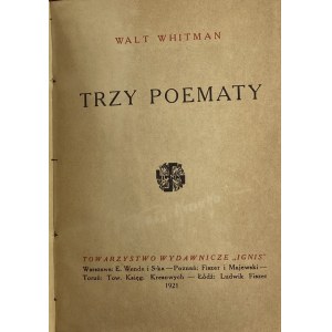Whitman Walt, Trzy poematy [I polskie wydanie][Stanisław de Vincenz][okładka skórzana]
